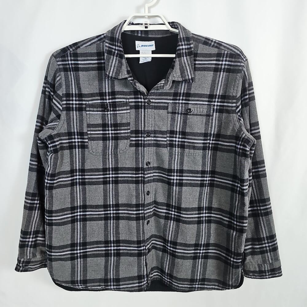 Boeing Men's XL Flannel Shirt Jacket,Buttoned Closure,Fleece Lined,Plaid Gray